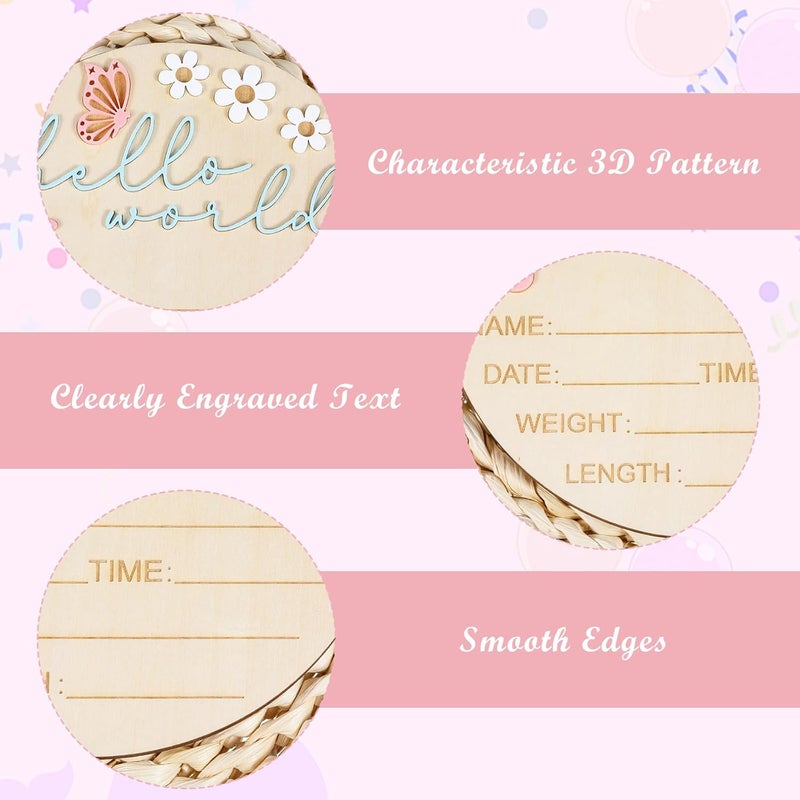 Ajcotahm Hello World Newborn Sign, 5.9 Inch Wooden Baby Announcement Sign Pink Butterfly Style Birth Welcome Board for Newborn Boys Girls Photo Props Baby Shower Hospital Nursery (White) - Image 3